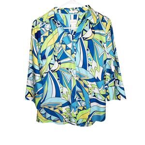 Chico's Abstract Shirt No Iron Button Up Retro 70s Green Blue Print Size Small